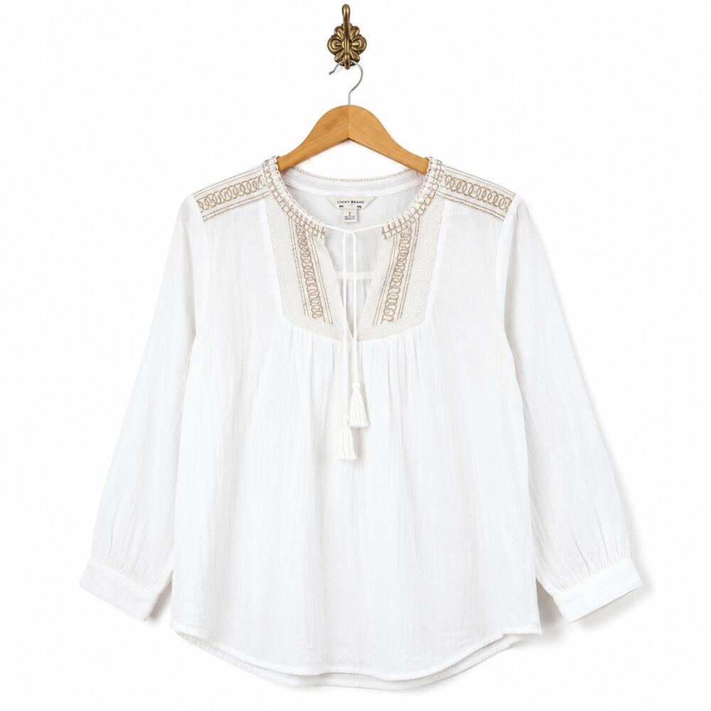 J.Crew XS White Embroidered Peasant Blouse Tassel Tie Cotton Boho Top